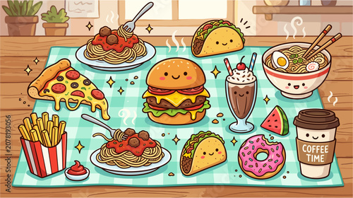 A vibrant and playful cartoon spread featuring a delightful assortment of happy fast food, comforting dishes, and sweet treats on a charming wooden table
