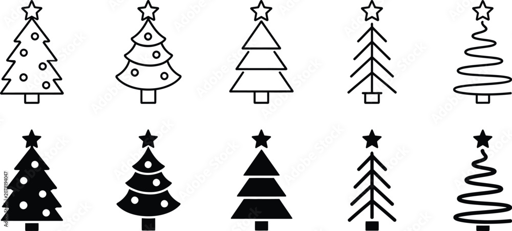 Naklejka premium Modern Christmas Tree Icon Set for Holiday Decoration and Festive Design