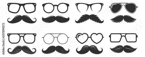 Photos Mustache icons featuring eyeglasses, sunglasses, beards, and stylized facial hair, clean vector illustration for photo booth props, retro themes, parties, and costume designs