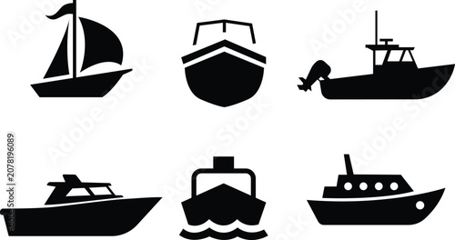 Tableau sur toile Collection of six different boat types in silhouette
