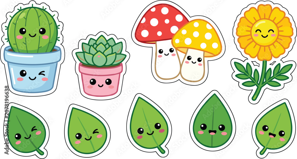 Fototapeta premium Cute Kawaii Nature Sticker Pack Vector Set with Smiling Cactus Succulent Flower Colorful Mushrooms and Happy Green Leaf Characters