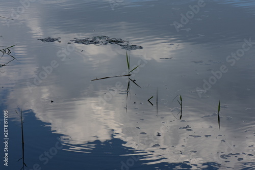 White clouds reflecting in calm lake waters 