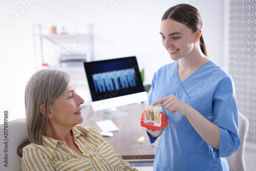 Bild auf Leinwand Doctor showing dental implant model to woman in clinic