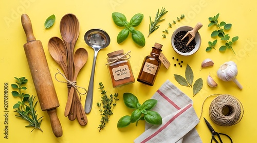 Wooden cooking utensils with herbs and spices on yellow background