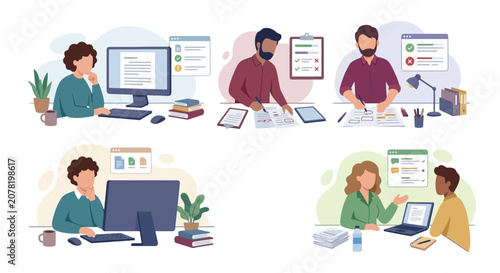 Business meeting and office work illustration set, diverse team collaborating on projects