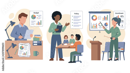 Business meeting, presentation, and office work with charts and graphs