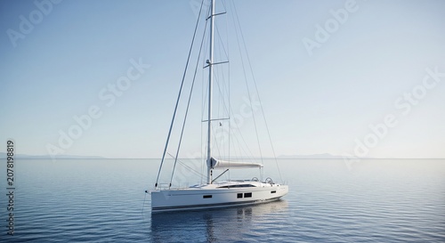 A large white modern luxury yacht standing still on completely calm blue water under a clear light blue sky