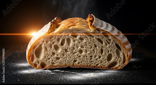 Close-Up of Fresh Baked Bread Slice with Crust and Air Bubbles.