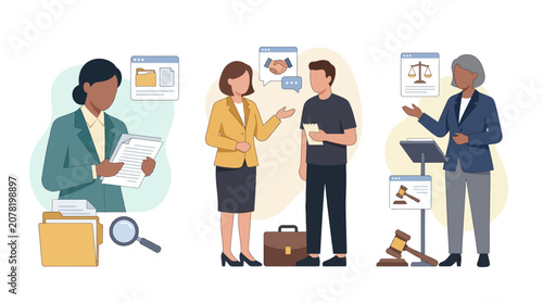 Legal consultation, business meeting, and document review illustration set