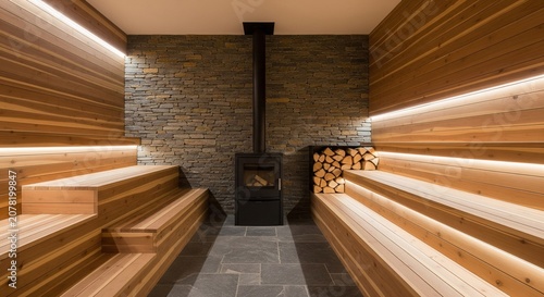 Spacious luxury home sauna room with multilevel wooden benches, stone accent wall, black stove, and firewood