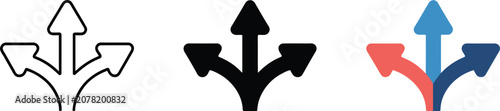 Photos Directional arrows icon, three way traffic choice symbol, alternate route navigation, road direction sign, wayfinding, GPS interface, transportation guidance