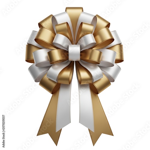 Decorative bow made of intertwined metallic gold and matte white satin ribbons, isolated on a plain white background