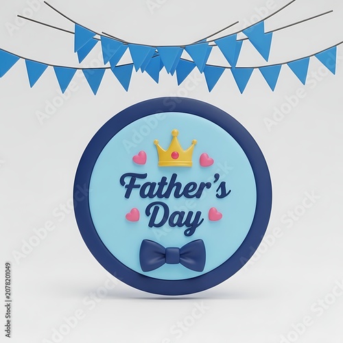 Father's day 3 d badge with a yellow crown, pink hearts, and a dark blue bow tie, hanging blue triangular bunting flags on white background