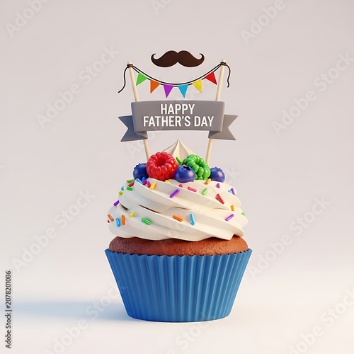 Happy father's day cupcake with white frosting, colorful sprinkles, fresh berries, and a mustache topper on a blue paper liner