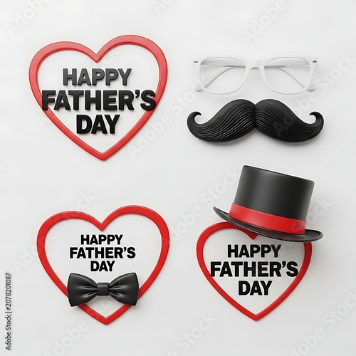 Happy father's day greeting set with red heart frames, black mustache, white eyeglasses, hat, and bow tie on a white background