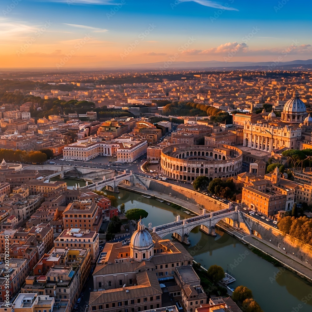 Obraz premium Aerial View of a Historic European City at Sunset.