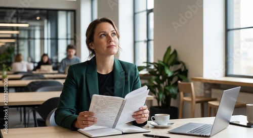 A female professional in a green blazer sitting at an office desk, holding an open notebook and looking up thoughtfully. A laptop, pen, and a cup of coffee are on the table