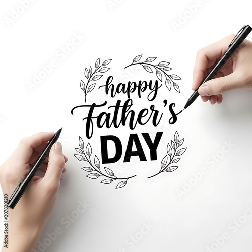 Two hands holding black pens, a happy father's day calligraphy text surrounded by hand-drawn botanical leaf branches on white paper