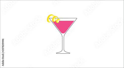 Obraz na plátne Pink martini cocktail glass with lemon twist flat vector illustration on white b