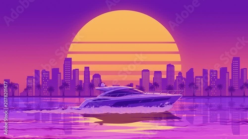 Seamless looped live wallpaper with a luxury yacht on calm water under a glowing sunset. Retrowave background