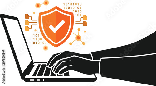 Person using a laptop with a digital security shield icon for cyber protection and data privacy concept