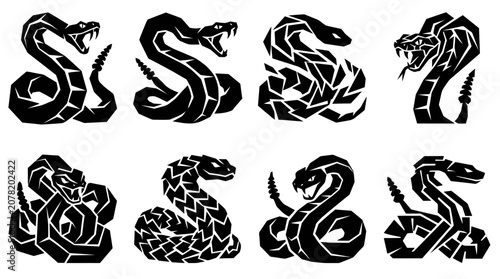 Fotografie Set of Stylized Snake Silhouettes in Black and White