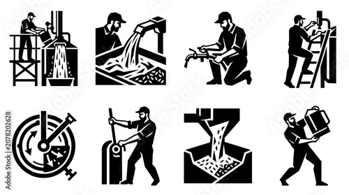 Photos Industrial process icons: worker operating machinery, pouring grain, checking equipment, and timing production