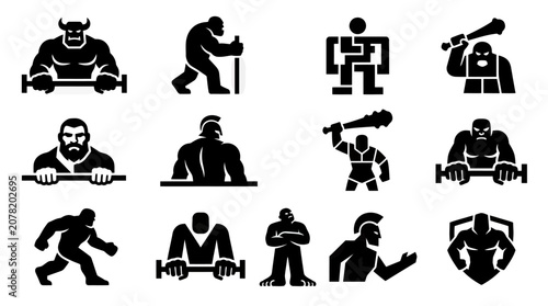 Schilderij op canvas Collection of Stylized Warrior and Monster Icons - Strength and Power Symbols