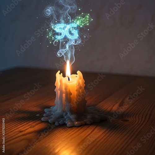 Celebration Candle Burning with Digital 5G Signal Effect.