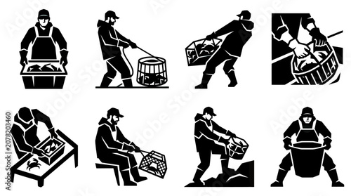 Fisherman Icon Set: Crabbing, Catching, Handling, and Preparing Seafood