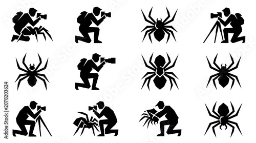 Foto Photographer Silhouettes Capturing Spiders: Macro Photography Icon Set