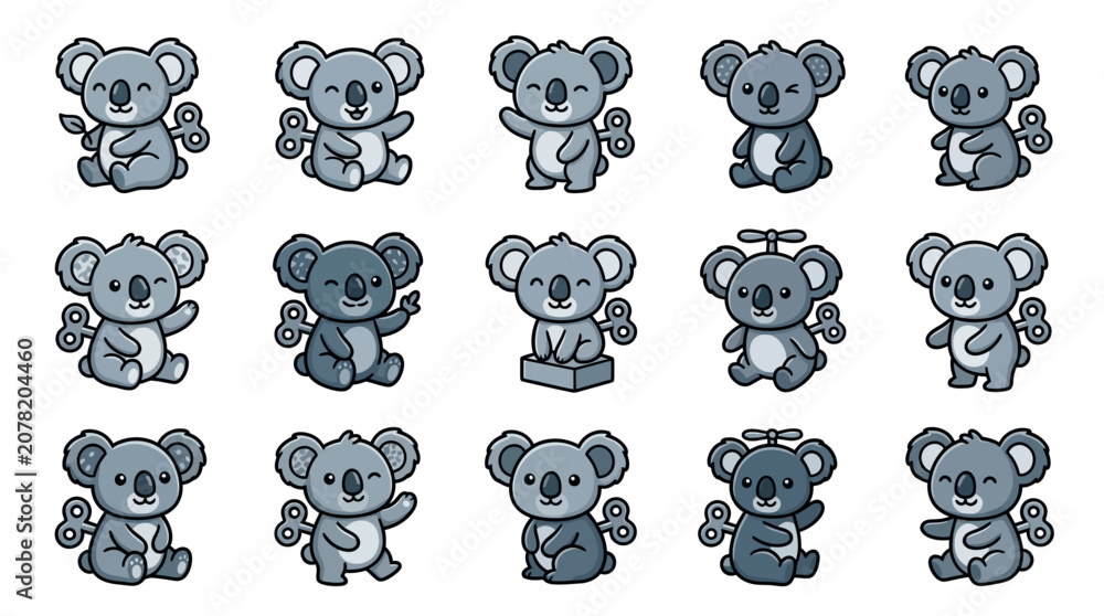 Αυτοκόλλητο Diverse set of cute wind-up koala bear icons.
