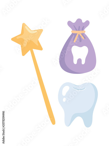 Magic wand, tooth reward pouch and shiny tooth icon set in flat vector style. Cute dental fairy accessories isolated on white for pediatric dentistry themes.