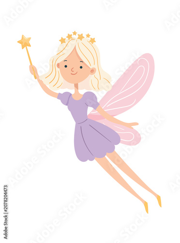 Cute flying tooth fairy with magic wand, pink wings and purple dress. Flat vector illustration isolated on white background for dental care, fantasy themes.