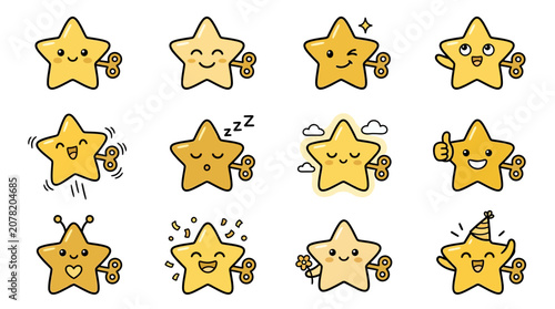 Fotografija Expressive yellow wind-up star character icons.