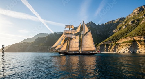 Large classic wooden sailing ship with white sails fully deployed, cruising near steep green mountains during a bright sunny day