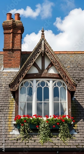 Victorian Style House Roof with Flower Box and Chimney.
