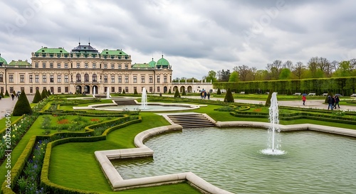 Grand Baroque Palace with Formal Garden and Fountain.