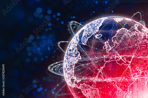 Abstract global digital network visualization with glowing world map with interconnected communication lines, data flow, and futuristic technology elements. Concepts of global connectivity.