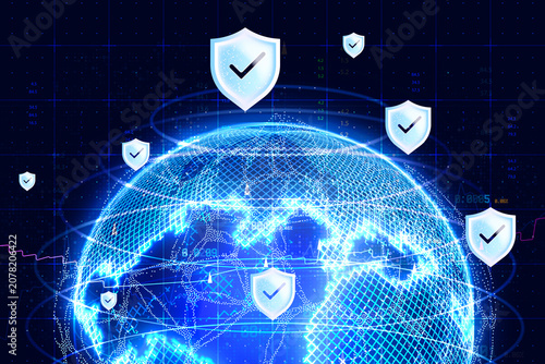 Cybersecurity banner with digital globe grid and glowing shield icons. Global network data protection, internet security or fintech privacy compliance background for corporate website header.