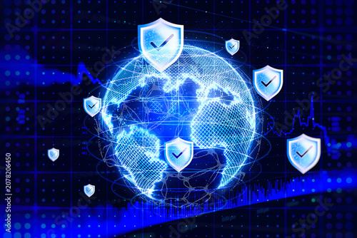 Global digital network globe with stock trading candlestick charts and financial numbers. Fintech marketplace analytics, worldwide economy or international corporate investment banner concept.