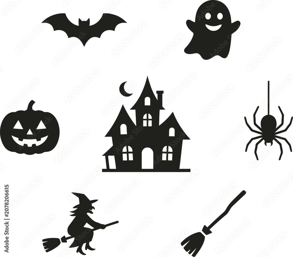Fototapeta premium Halloween silhouettes ghost witch pumpkin spider bat haunted house vector graphics