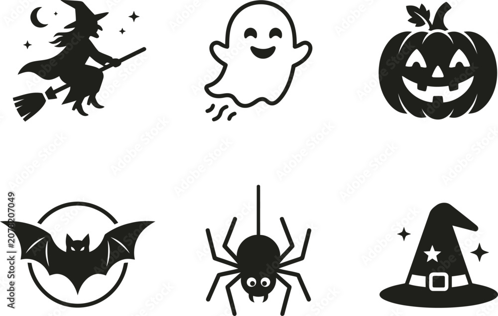 Fototapeta premium Halloween icons set witch ghost pumpkin bat spider and wizard hat graphics