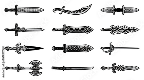 Fotografie Fantasy dagger and ancient sword weapon icons.