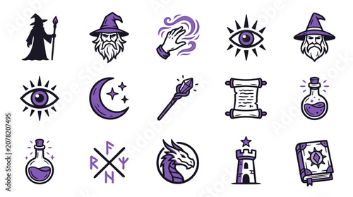 Tableau sur toile Fantasy RPG icons featuring wizards and magical quest items.