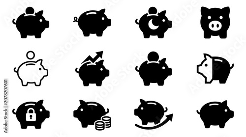 Financial savings and diverse piggy bank icons.