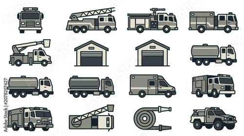 Fire engine fleet and station building icon set.