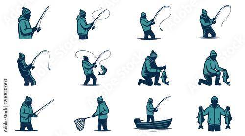 Fotografie Fishermen figures fishing with rods and boats.