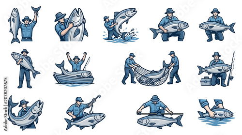 Obraz na plátně Fishermen catching large fish illustrations set.