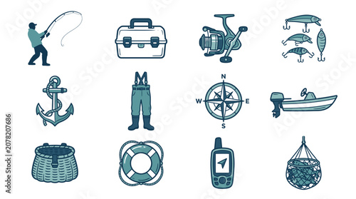 Fotografie Fishing equipment and nautical gear icon set.